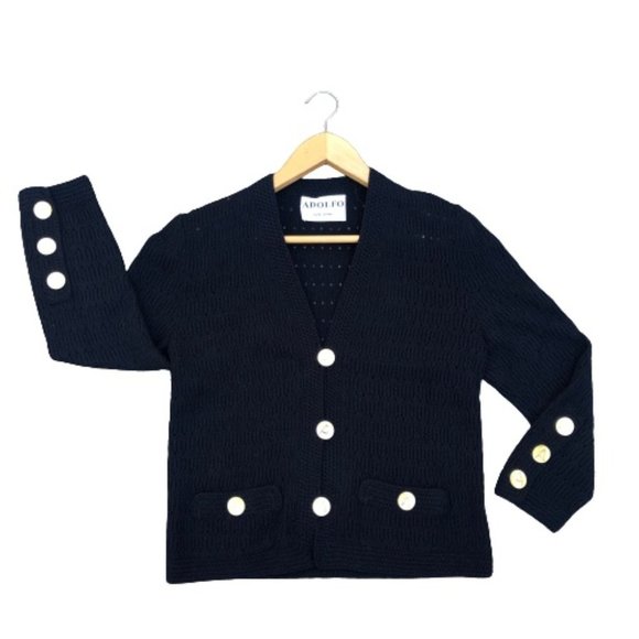 Vtg 70s ADOLFO New York Gold A Button Pointelle Knit ILGWU USA Cardigan Blazer - Picture 8 of 16